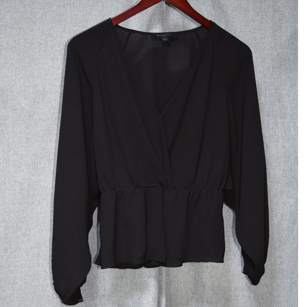 AllSaints Black Long Sleeve Wrap Peplum Blouse Size S